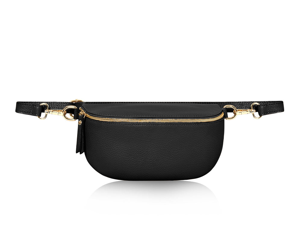 Italian Leather Crescent Crossbody Bum Bag in Black with gold-tone hardware | MERLEORA