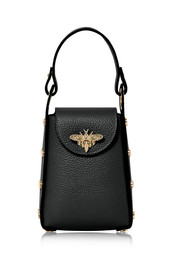 Black Italian Leather Mini Bee Bag with Gold Bee Clasp & Chain Strap | MERLEORA