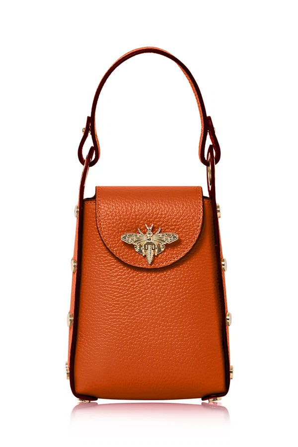 Burnt Orange Italian Leather Mini Bee Bag with Gold Bee Clasp & Chain Strap | MERLEORA