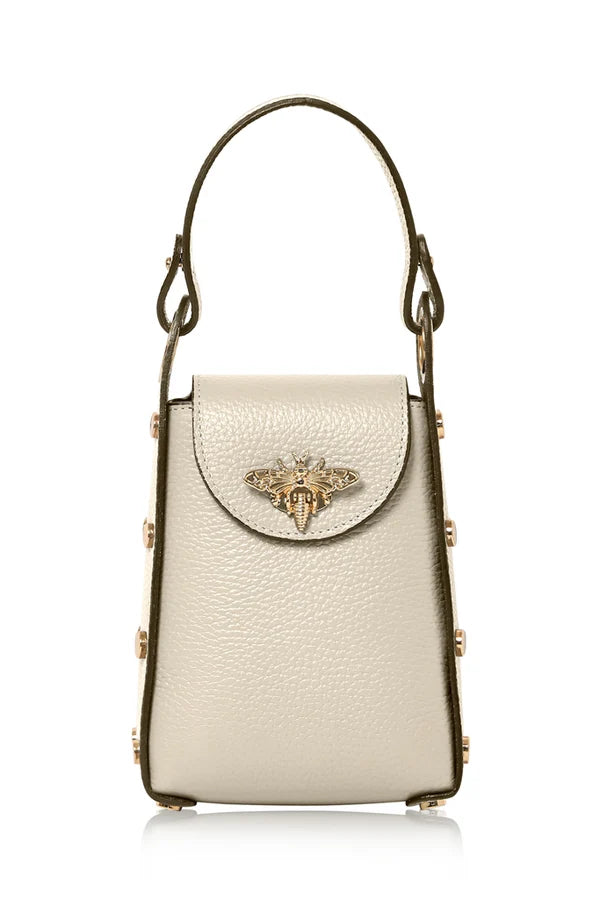 Cream Italian Leather Mini Bee Bag with Gold Bee Clasp & Chain Strap | MERLEORA