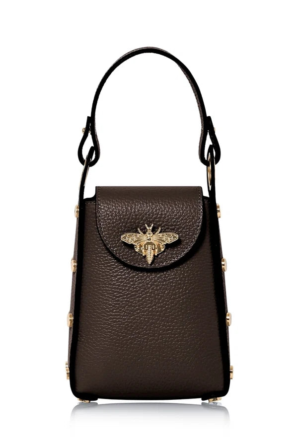 Dark Chocolate Italian Leather Mini Bee Bag with Gold Bee Clasp & Chain Strap | MERLEORA