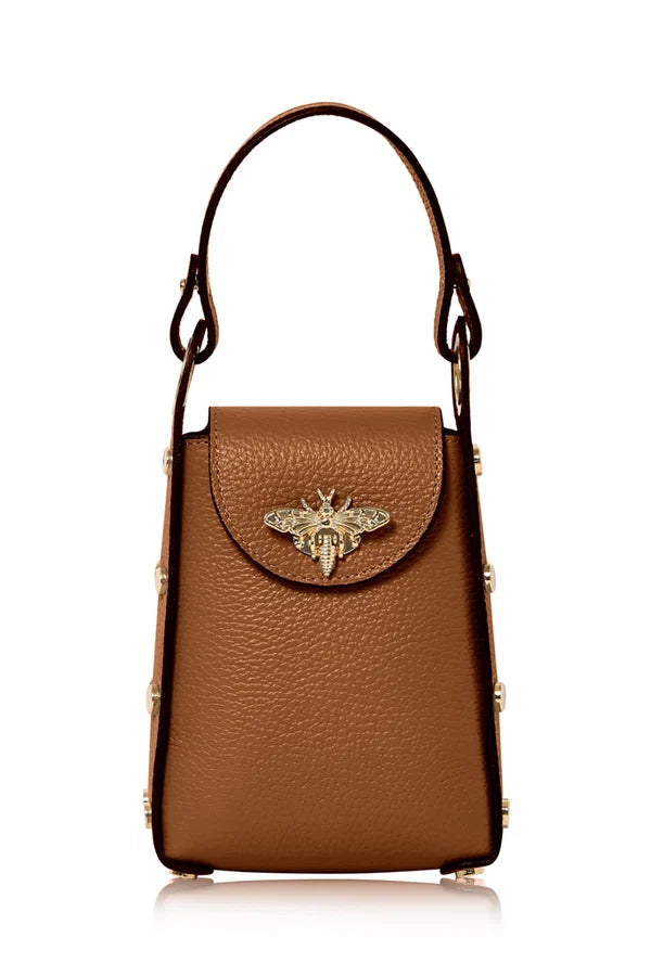 Dark Tan Italian Leather Mini Bee Bag with Gold Bee Clasp & Chain Strap | MERLEORA