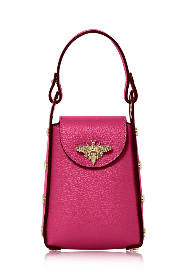 Fuchsia Italian Leather Mini Bee Bag with Gold Bee Clasp & Chain Strap | MERLEORA