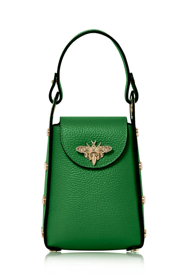 Green Italian Leather Mini Bee Bag with Gold Bee Clasp & Chain Strap | MERLEORA