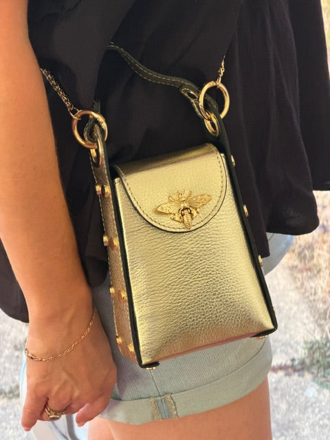 Italian Genuine Leather Mini Bee Bag with Gold Chain Strap