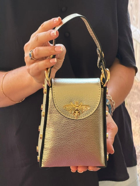 Italian Genuine Leather Mini Bee Bag with Gold Chain Strap