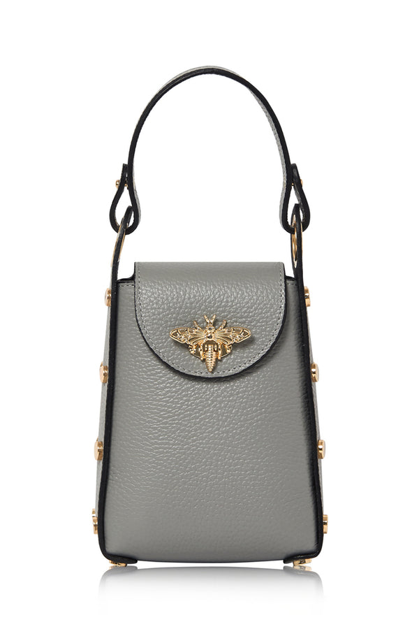 Light Grey Italian Leather Mini Bee Bag with Gold Bee Clasp & Chain Strap | MERLEORA