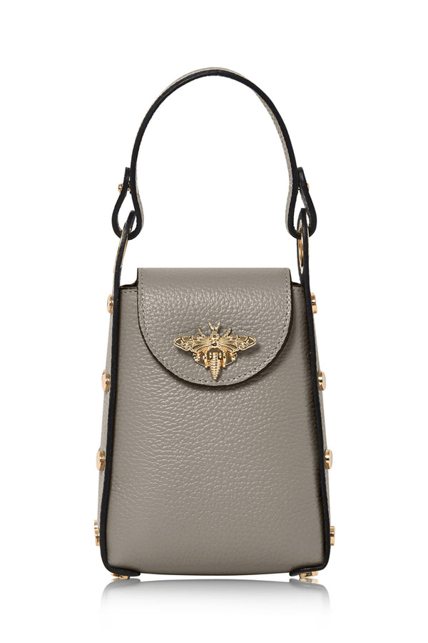 Light Taupe Italian Leather Mini Bee Bag with Gold Bee Clasp & Chain Strap | MERLEORA