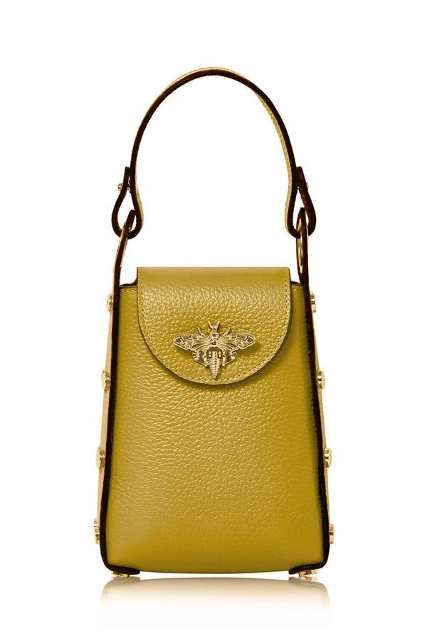 Mustard Italian Leather Mini Bee Bag with Gold Bee Clasp & Chain Strap | MERLEORA