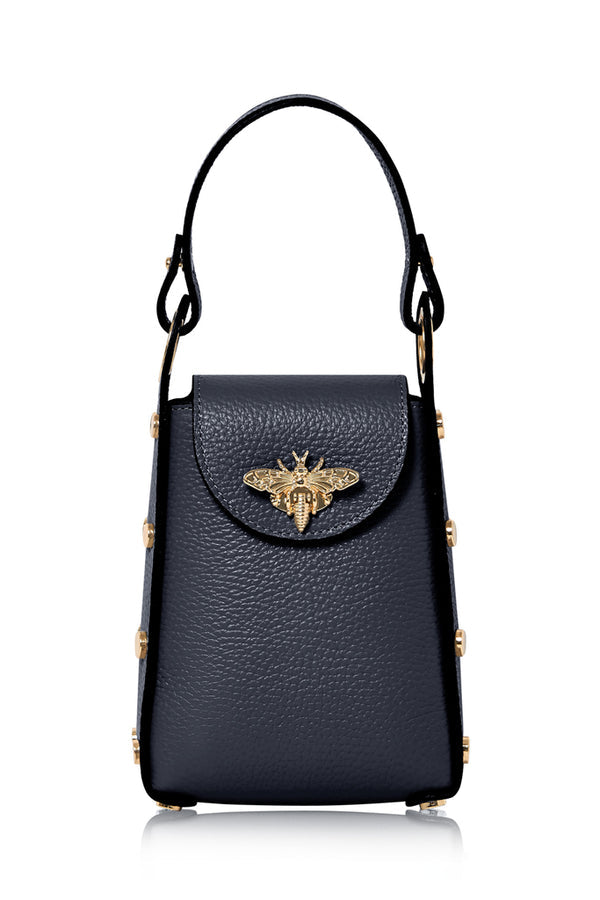 Navy Italian Leather Mini Bee Bag with Gold Bee Clasp & Chain Strap | MERLEORA