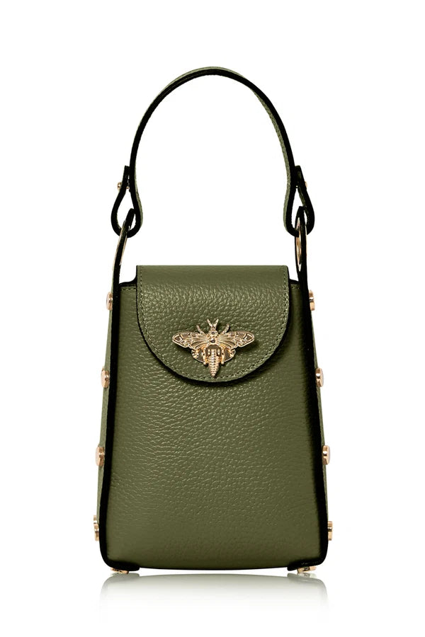 Olive Green Italian Leather Mini Bee Bag with Gold Bee Clasp & Chain Strap | MERLEORA