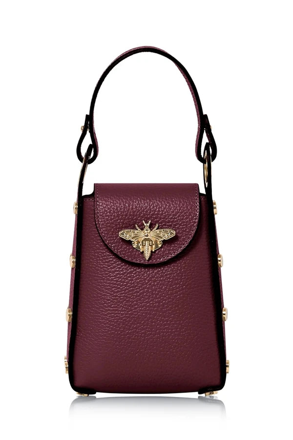 Red Plum Italian Leather Mini Bee Bag with Gold Bee Clasp & Chain Strap | MERLEORA