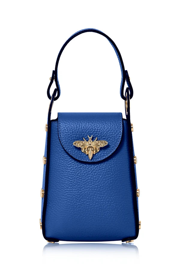 Royal Blue Italian Leather Mini Bee Bag with Gold Bee Clasp & Chain Strap | MERLEORA