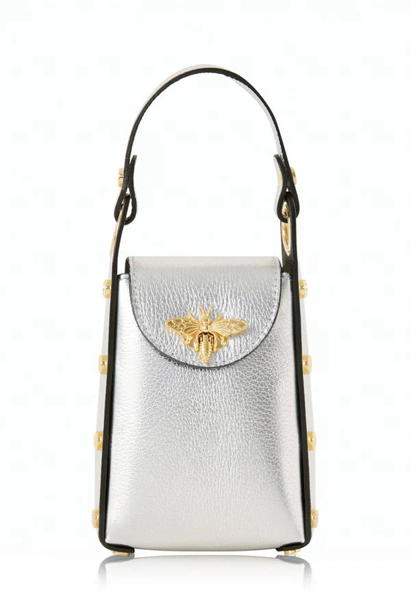 Silver Italian Leather Mini Bee Bag with Gold Bee Clasp & Chain Strap | MERLEORA