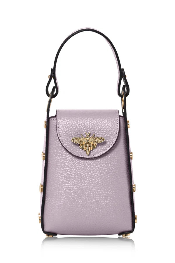 Smoke Rose Italian Leather Mini Bee Bag with Gold Bee Clasp & Chain Strap | MERLEORA