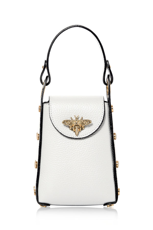 White Italian Leather Mini Bee Bag with Gold Bee Clasp & Chain Strap | MERLEORA
