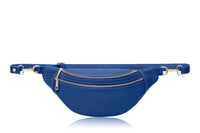 Royal blue leather crossbody bum bag with adjustable detachable strap, two zip closures and gold-tone hardware on a white background, MERELORA
