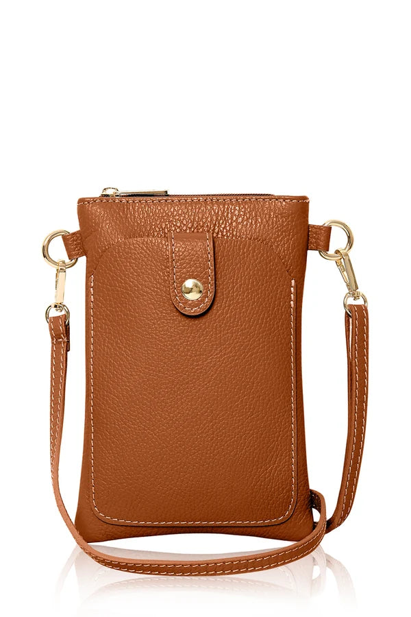 Italian genuine leather crossbody bag with phone pocket in Dark Tan – MERLEORA