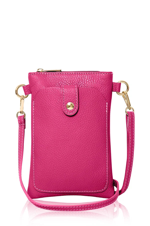 Italian genuine leather crossbody bag with phone pocket in Fuchsia – MERLEORA