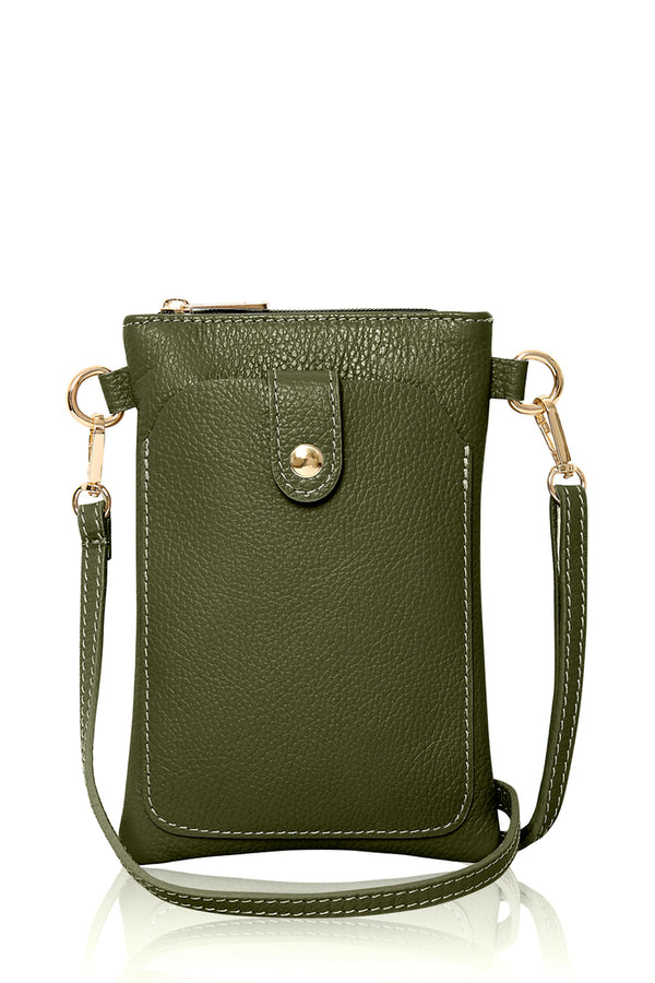 Italian genuine leather crossbody bag with phone pocket in Olive Green – MERLEORA