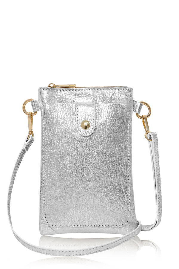 Italian genuine leather crossbody bag with phone pocket in Silver – MERLEORA