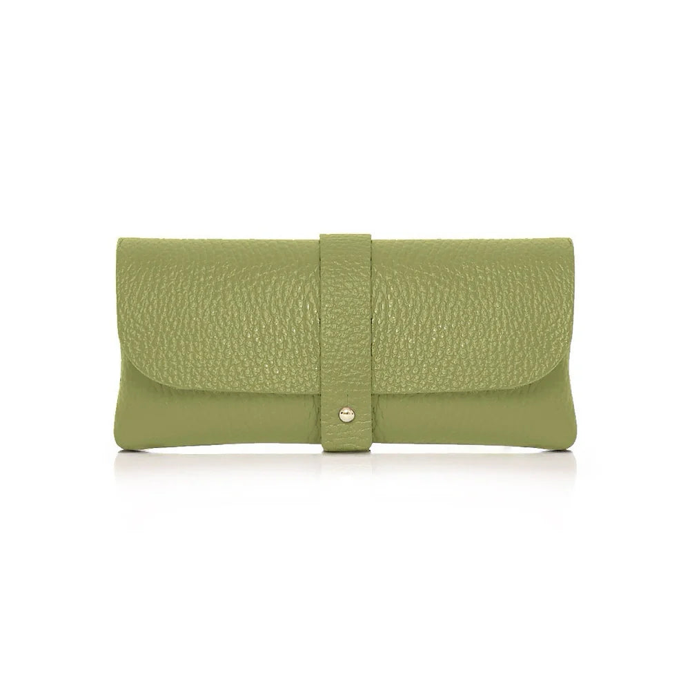 Sage Olive: Sage Olive Italian genuine leather glasses pouch with gold-tone tab closure, handmade in Italy | MERLEORA