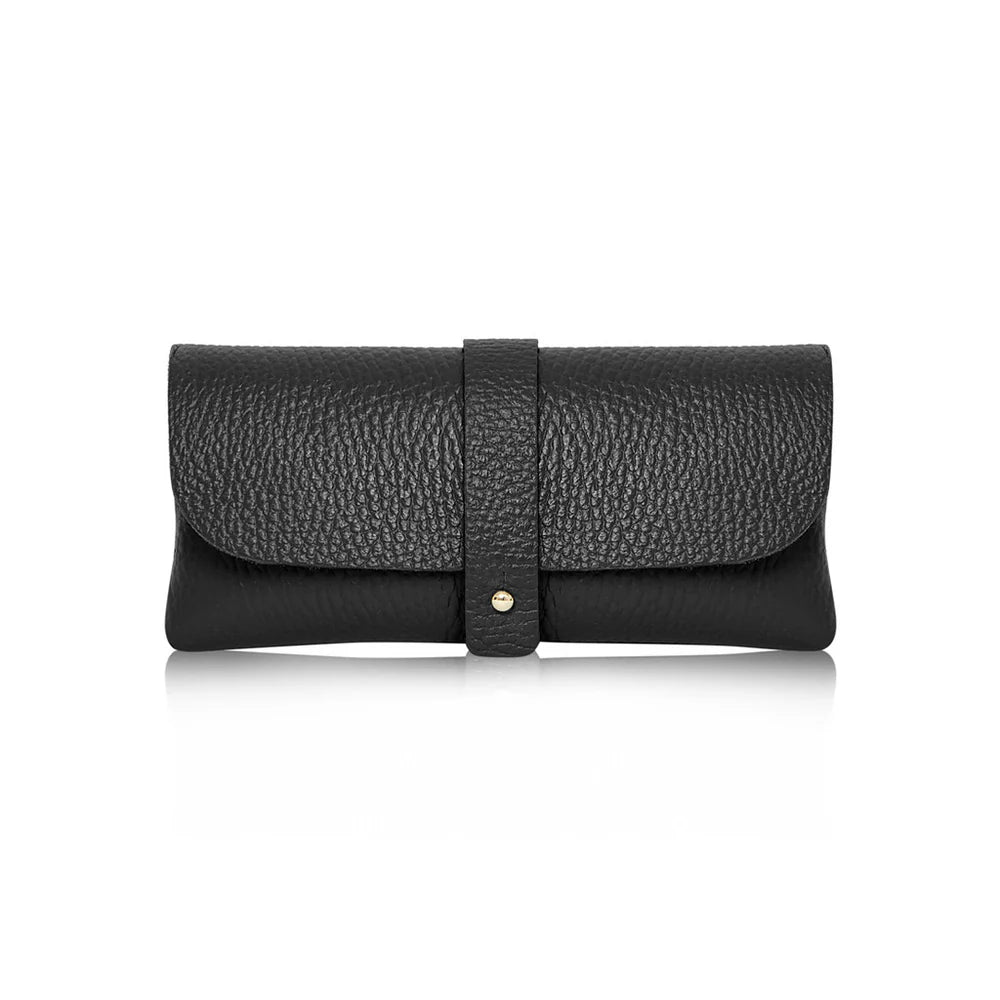 Black: Black Italian genuine leather glasses pouch with gold-tone tab closure, handmade in Italy | MERLEORA