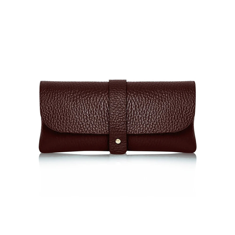 Burgundy: Burgundy Italian genuine leather glasses pouch with gold-tone tab closure, handmade in Italy | MERLEORA