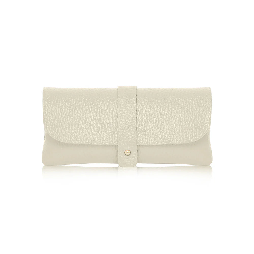 Cream: Cream Italian genuine leather glasses pouch with gold-tone tab closure, handmade in Italy | MERLEORA