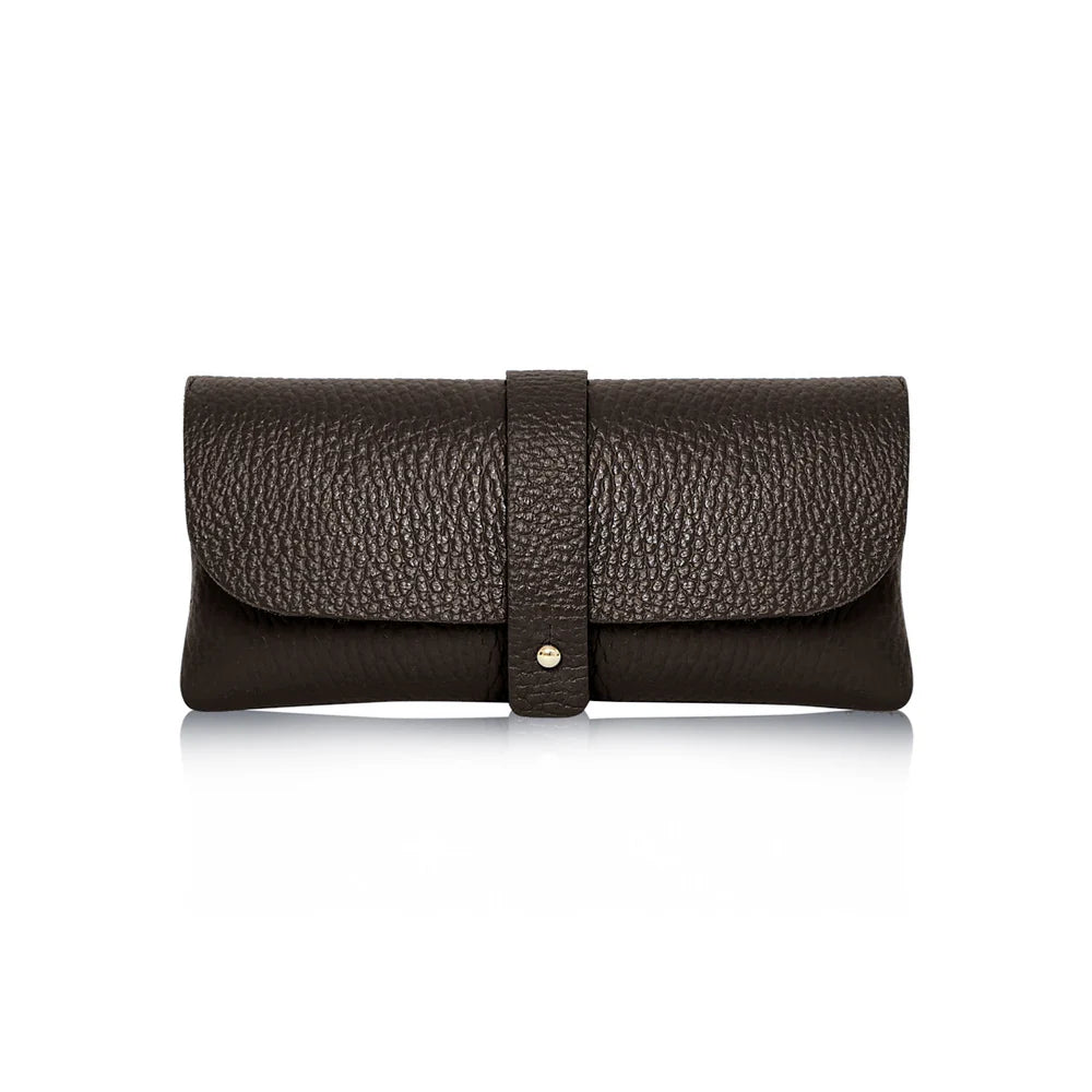Dark Chocolate: Dark Chocolate Italian genuine leather glasses pouch with gold-tone tab closure, handmade in Italy | MERLEORA