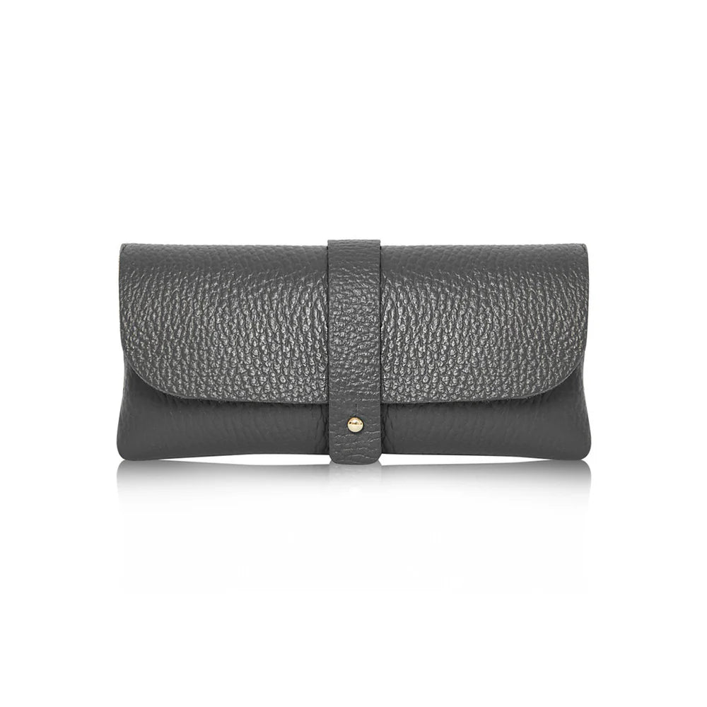 Dark Grey: Dark Grey Italian genuine leather glasses pouch with gold-tone tab closure, handmade in Italy | MERLEORA