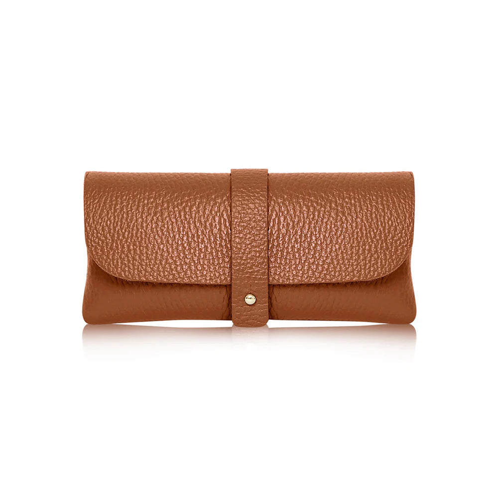 Dark Tan: Dark Tan Italian genuine leather glasses pouch with gold-tone tab closure, handmade in Italy | MERLEORA