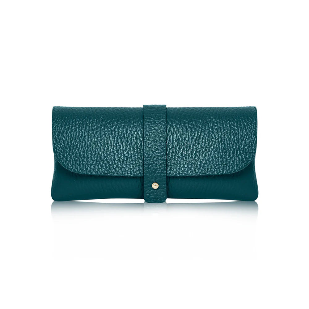 Dark Teal: Dark Teal Italian genuine leather glasses pouch with gold-tone tab closure, handmade in Italy | MERLEORA