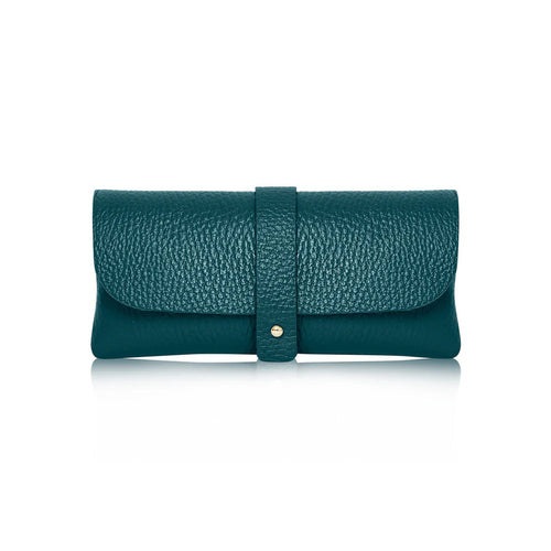 Dark Teal: Dark Teal Italian genuine leather glasses pouch with gold-tone tab closure, handmade in Italy | MERLEORA