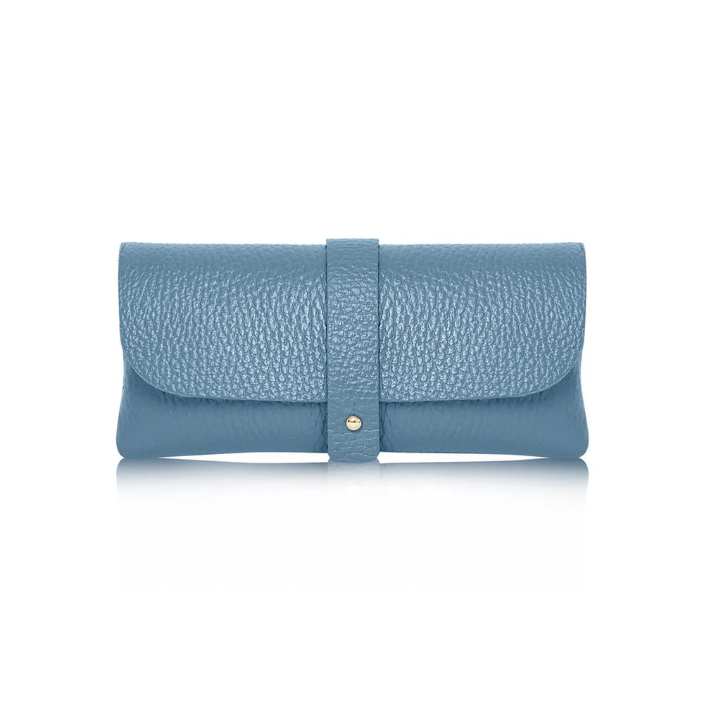 Denim Blue: Denim Blue Italian genuine leather glasses pouch with gold-tone tab closure, handmade in Italy | MERLEORA