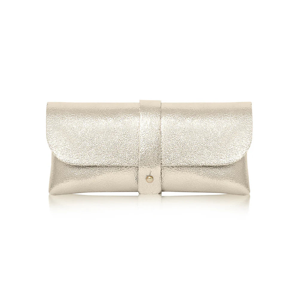Gold: Gold Italian genuine leather glasses pouch with gold-tone tab closure, handmade in Italy | MERLEORA