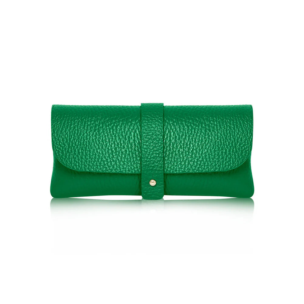 Green: Green Italian genuine leather glasses pouch with gold-tone tab closure, handmade in Italy | MERLEORA