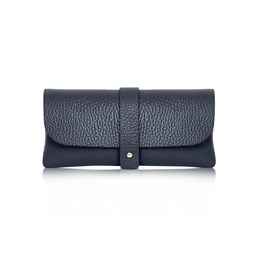 Navy: Navy Italian genuine leather glasses pouch with gold-tone tab closure, handmade in Italy | MERLEORA