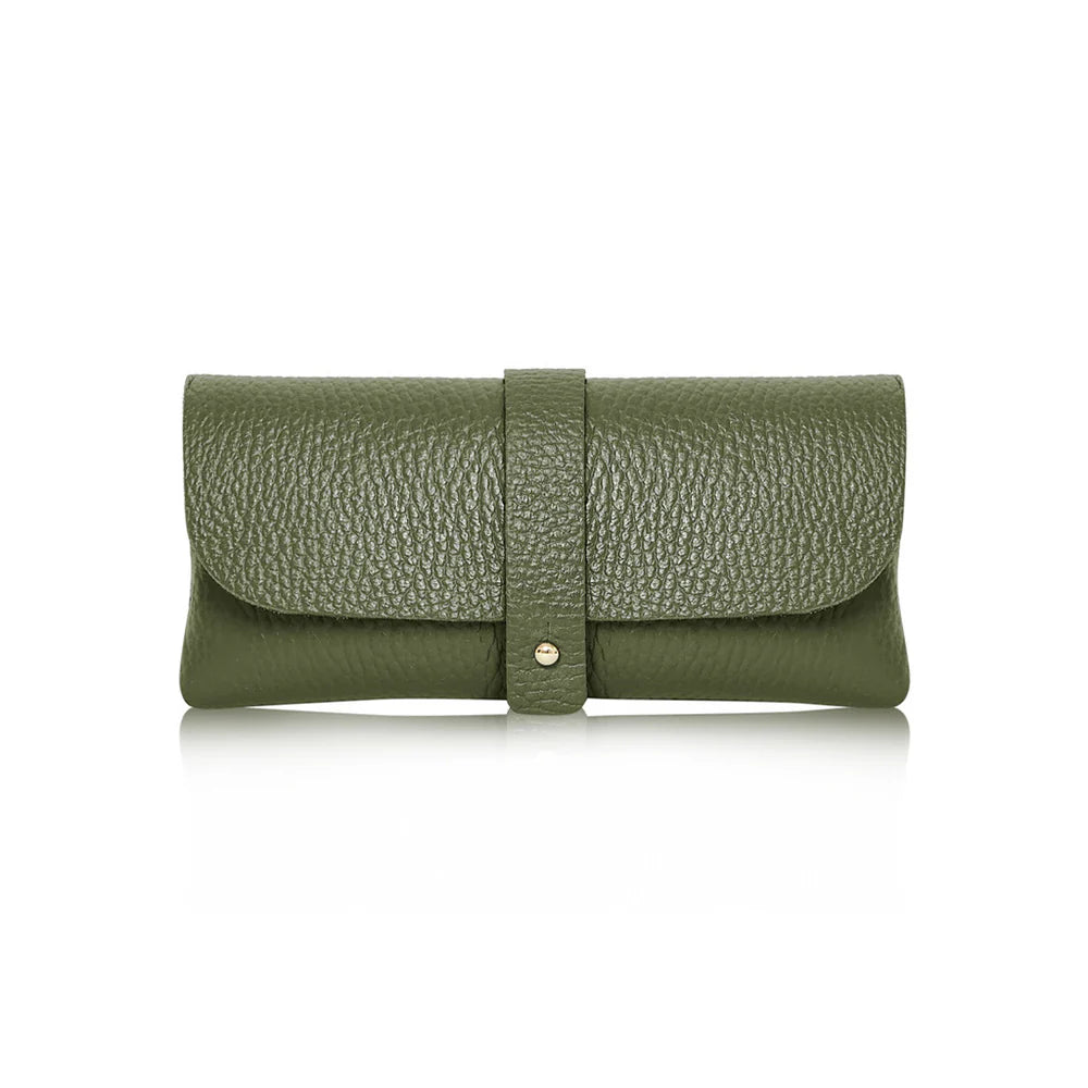 Olive Green: Olive Green Italian genuine leather glasses pouch with gold-tone tab closure, handmade in Italy | MERLEORA