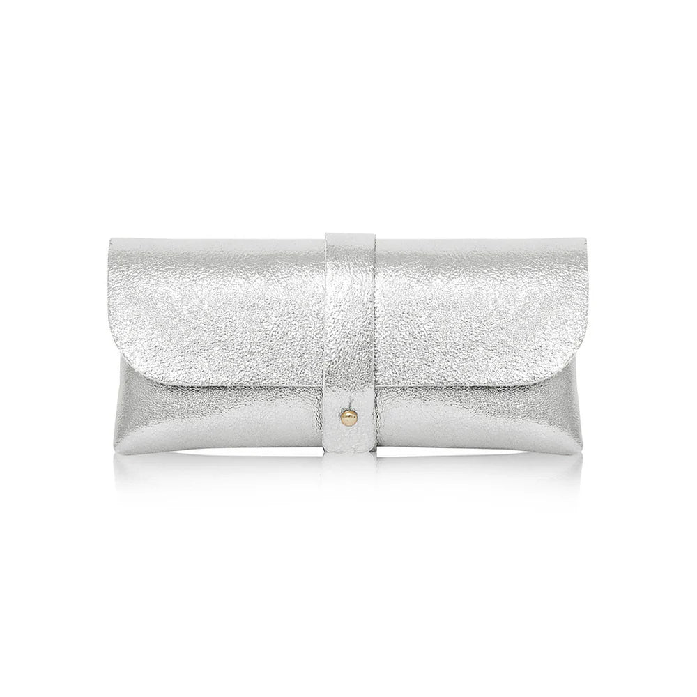 Silver: Silver Italian genuine leather glasses pouch with gold-tone tab closure, handmade in Italy | MERLEORA