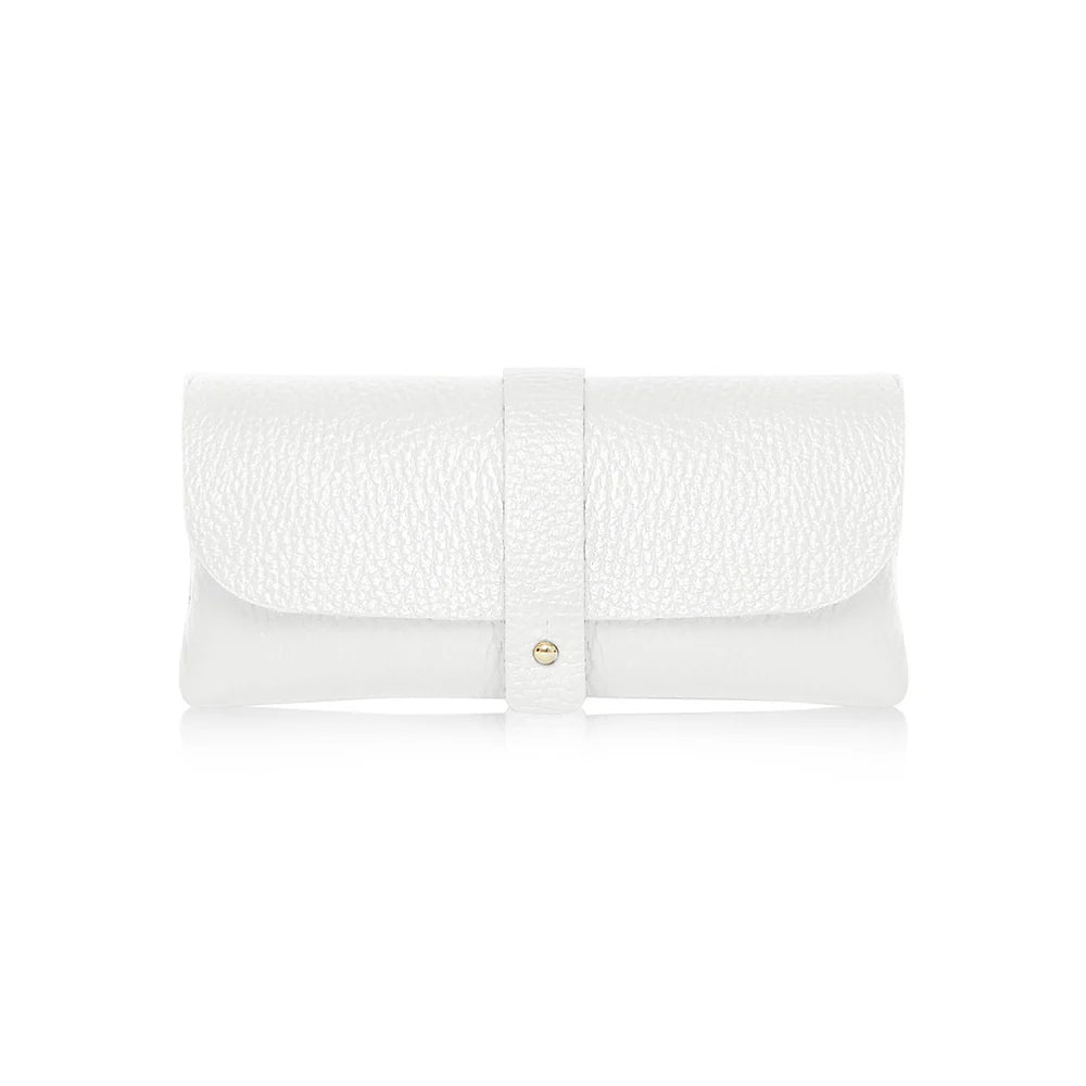 White: White Italian genuine leather glasses pouch with gold-tone tab closure, handmade in Italy | MERLEORA