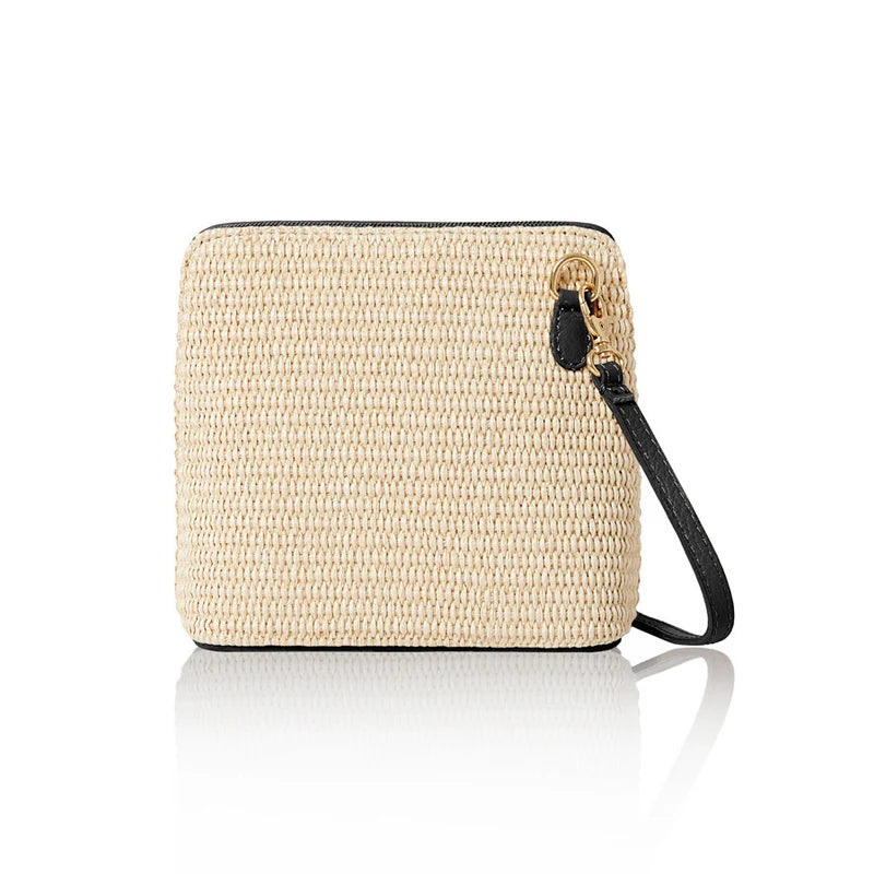 Italian handmade raffia and leather small square crossbody bag in black with leather trim and gold chain strap