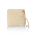 Italian handmade raffia and leather small square crossbody bag in cream with leather trim and gold chain strap