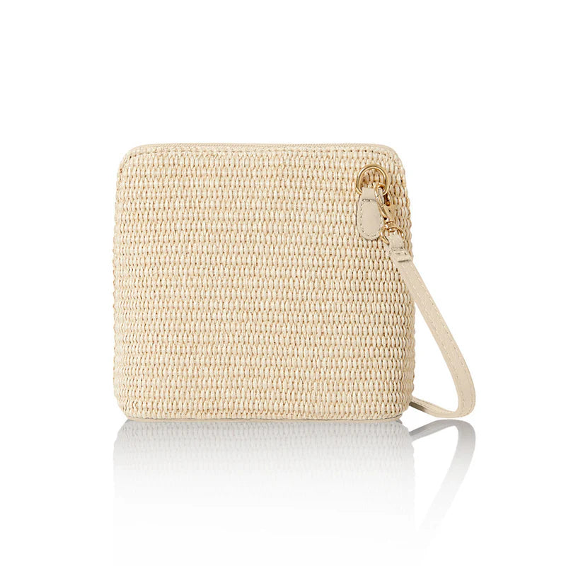 Italian handmade raffia and leather small square crossbody bag in cream with leather trim and gold chain strap