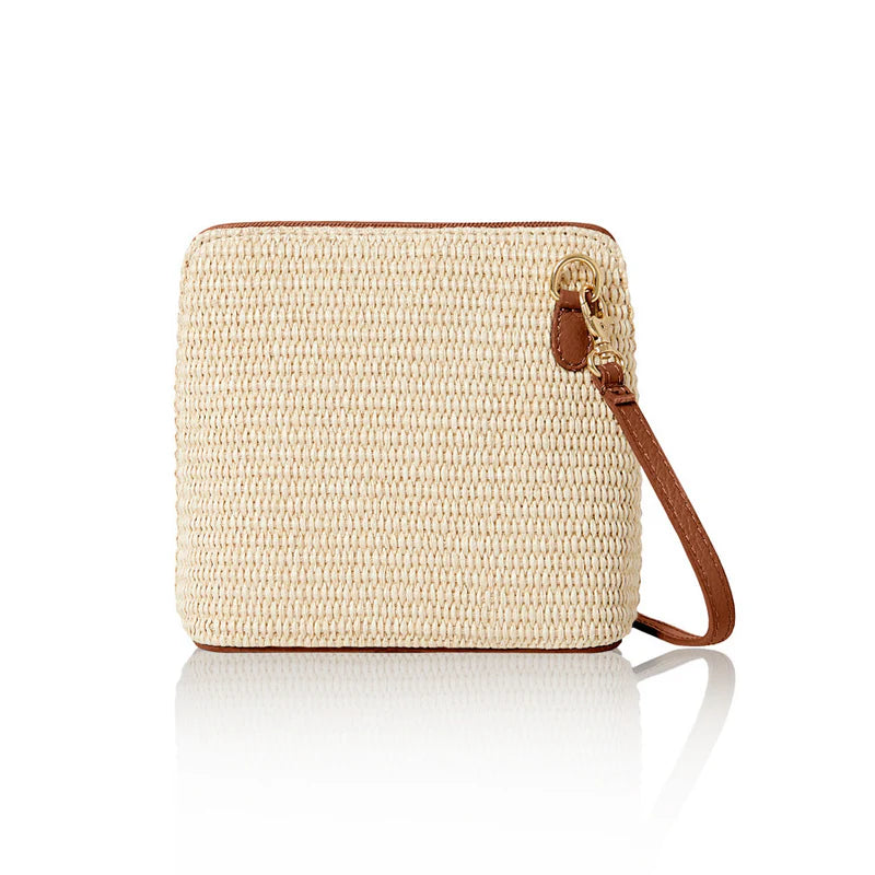 Italian handmade raffia and leather small square crossbody bag in dark tan with leather trim and gold chain strap