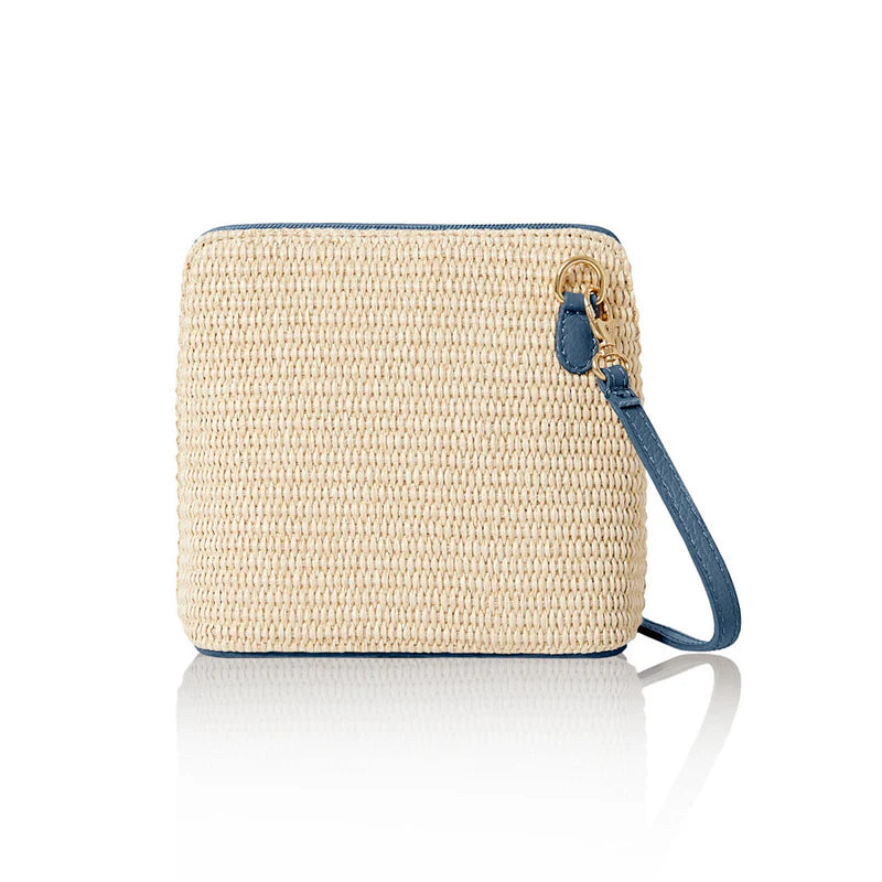 Italian handmade raffia and leather small square crossbody bag in denim blue with leather trim and gold chain strap