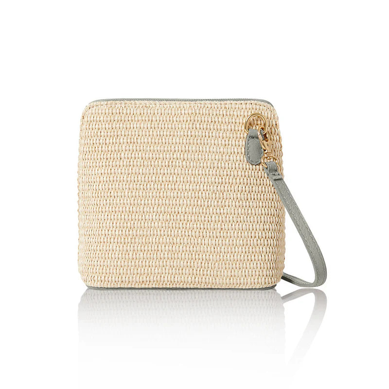 Italian handmade raffia and leather small square crossbody bag in light grey with leather trim and gold chain strap