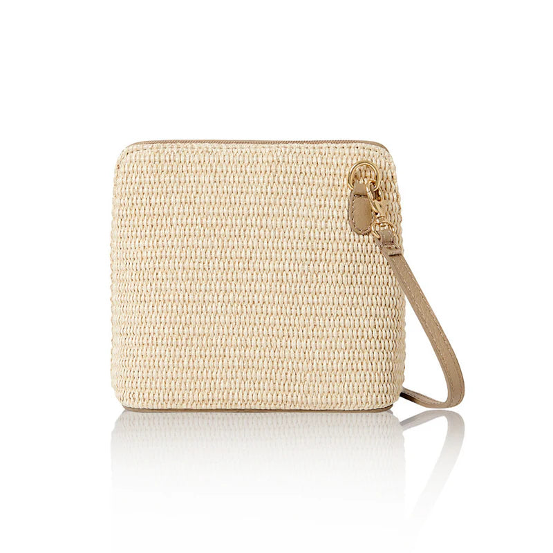 Italian handmade raffia and leather small square crossbody bag in light taupe with leather trim and gold chain strap