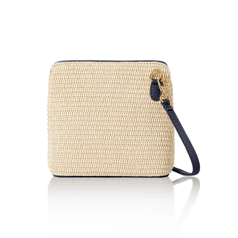 Italian handmade raffia and leather small square crossbody bag in navy with leather trim and gold chain strap
