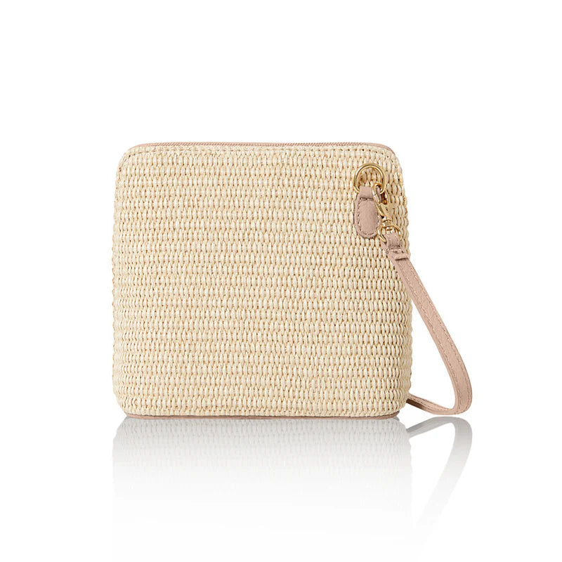 Italian handmade raffia and leather small square crossbody bag in smoke rose with leather trim and gold chain strap